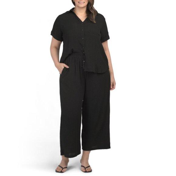 JANE & DELANCEY Black Plus 2pc Button Down Textured Top And Matching Pants Set